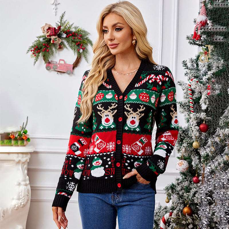 Women's Reindeer Button Ugly Christmas Sweater