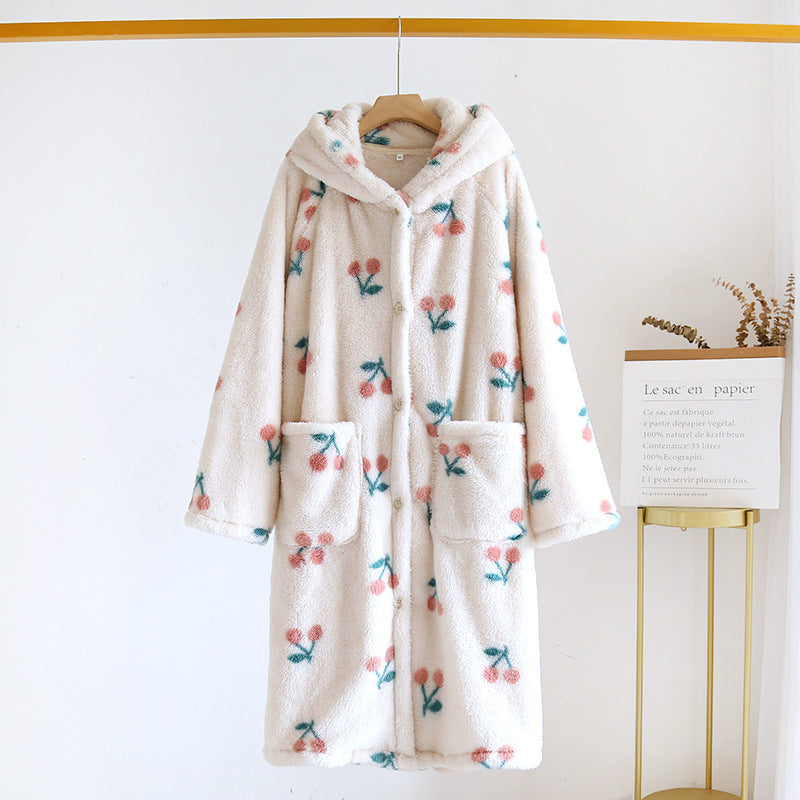 Cherry Printed Women's Warm Pocket Nightgown