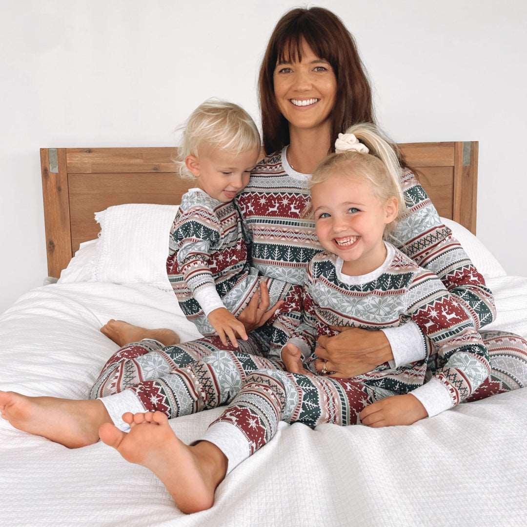 Gray Plaid Deer Print Round Neck Family PJ's